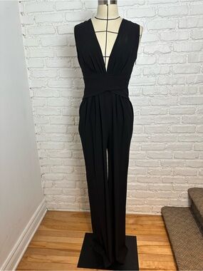 Halston Heritage Black Deep-V Wide-Leg Jumpsuit